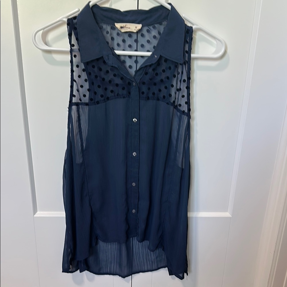 Hollister Blue Sleeveless Sheer Button Down Blouse